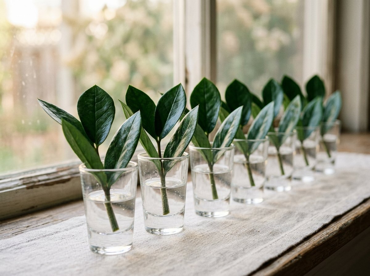 Six ZZ plant leaves with petioles standing in glass containers for water propagation