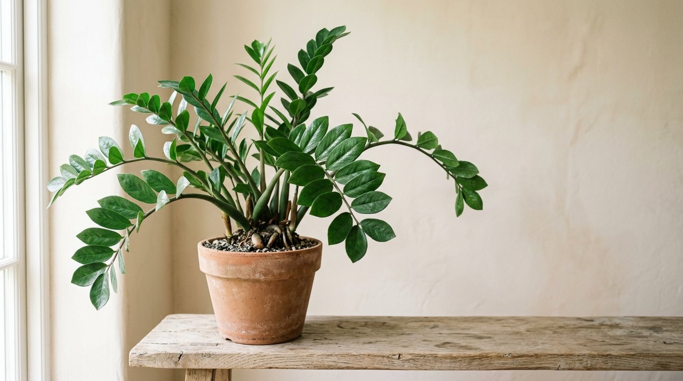 A mature ZZ plant in a terracotta pot â guide to ZZ plant propagation