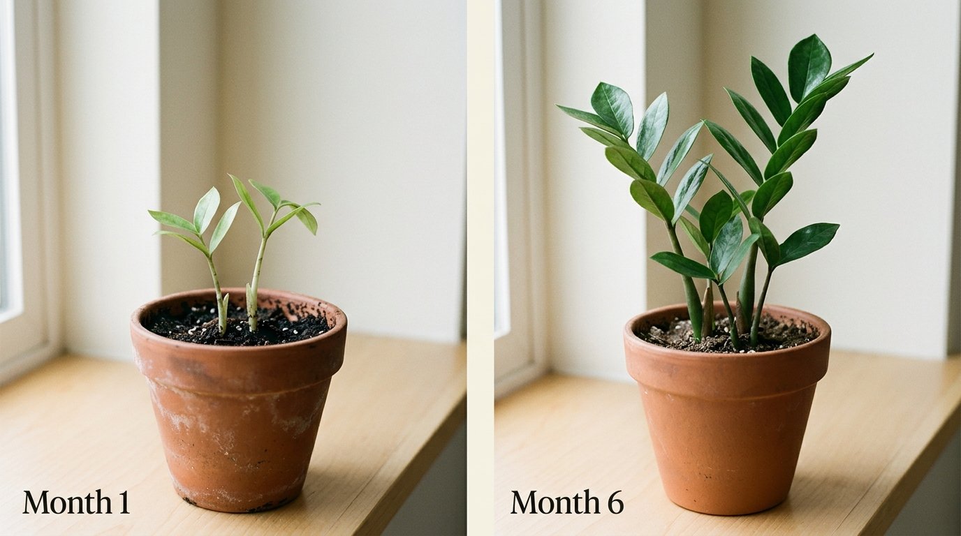 Same propagated ZZ plant at month 1 and month 6 â growth comparison