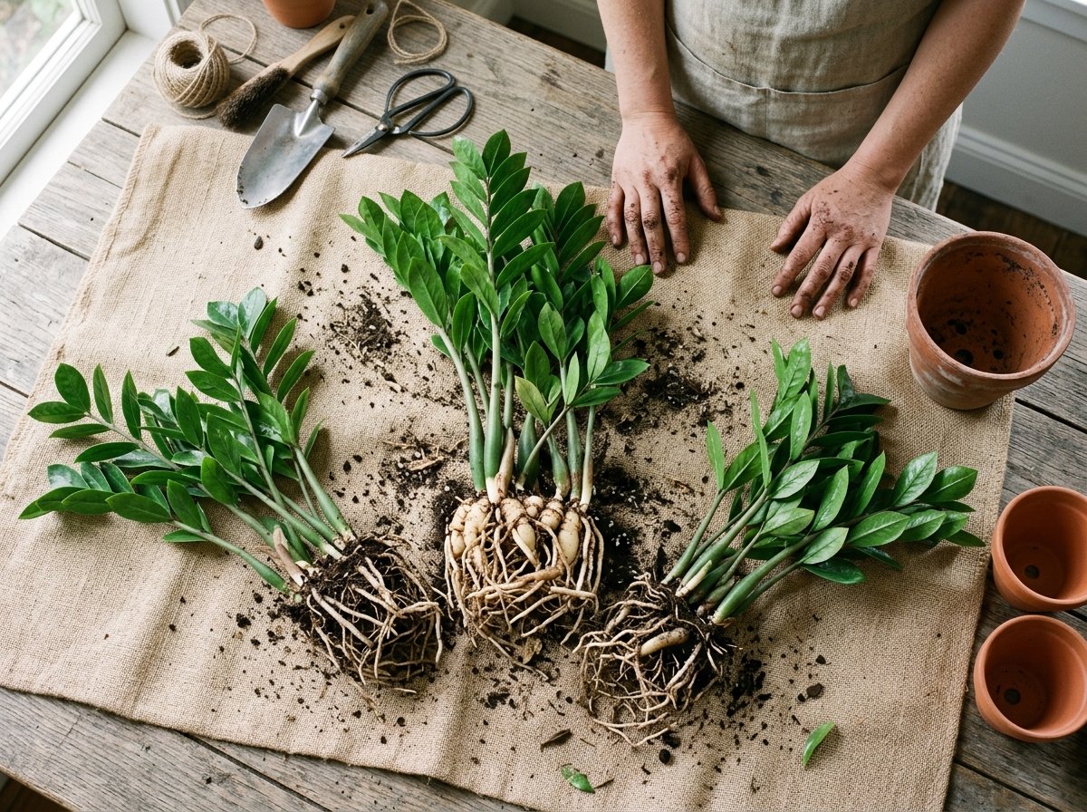 Top-down view of a divided ZZ plant showing rhizomes and root systems separated for propagation