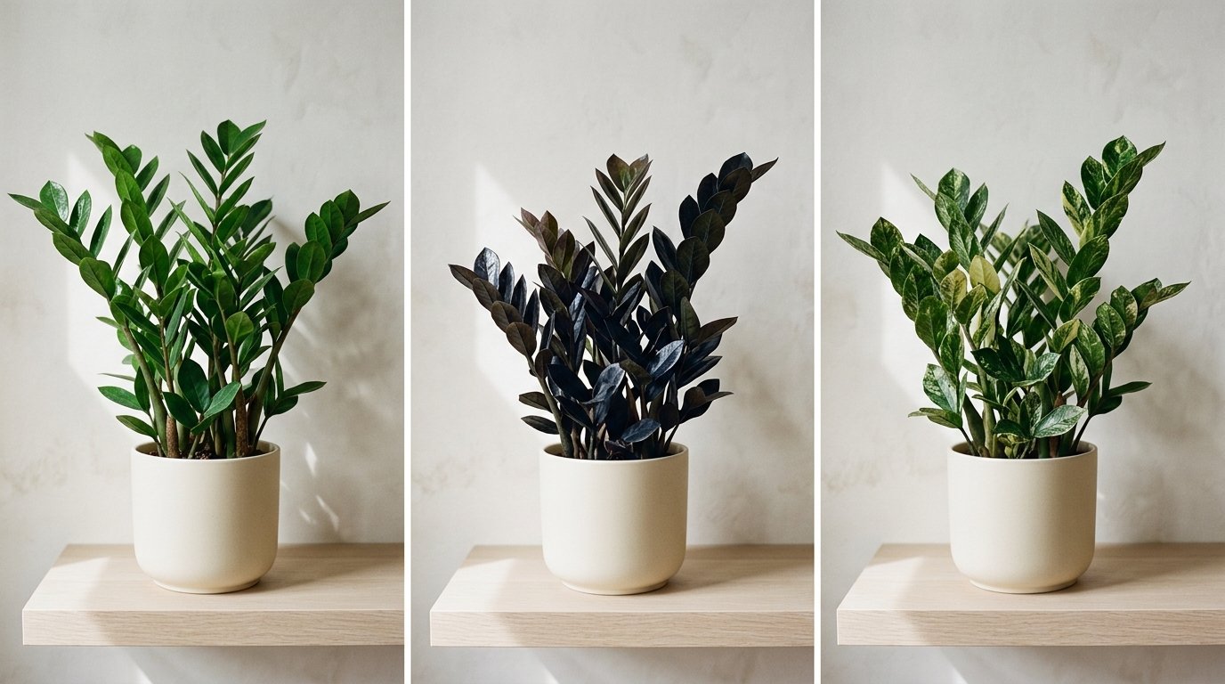 ZZ plant varieties side by side: standard, Raven (dark), and Variegated