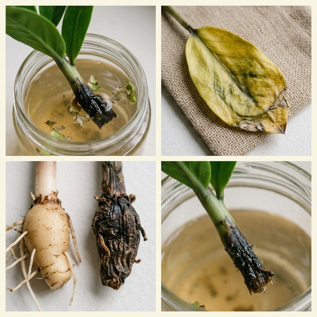 Four panels showing ZZ plant propagation failure signs: rot, cloudy water, unhealthy rhizomes