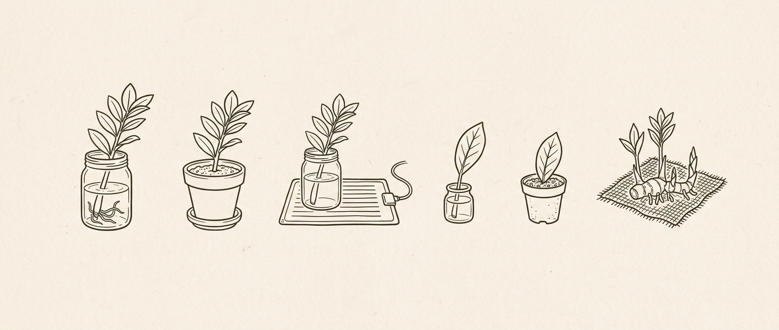 Six line-art icons of ZZ plant propagation methods: stem cutting, soil cutting, hybrid, leaf, division