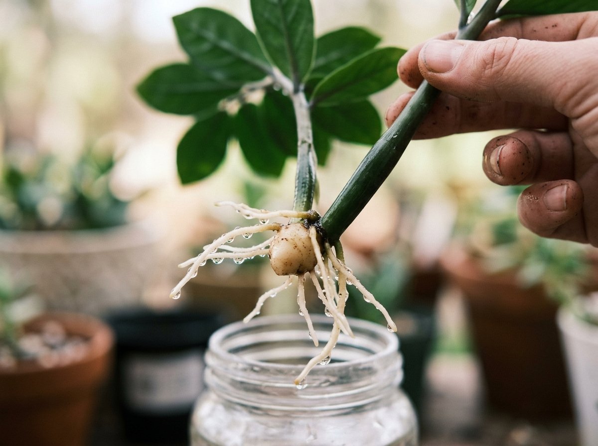 ZZ plant rhizome with white roots â ready to transplant from water to soil