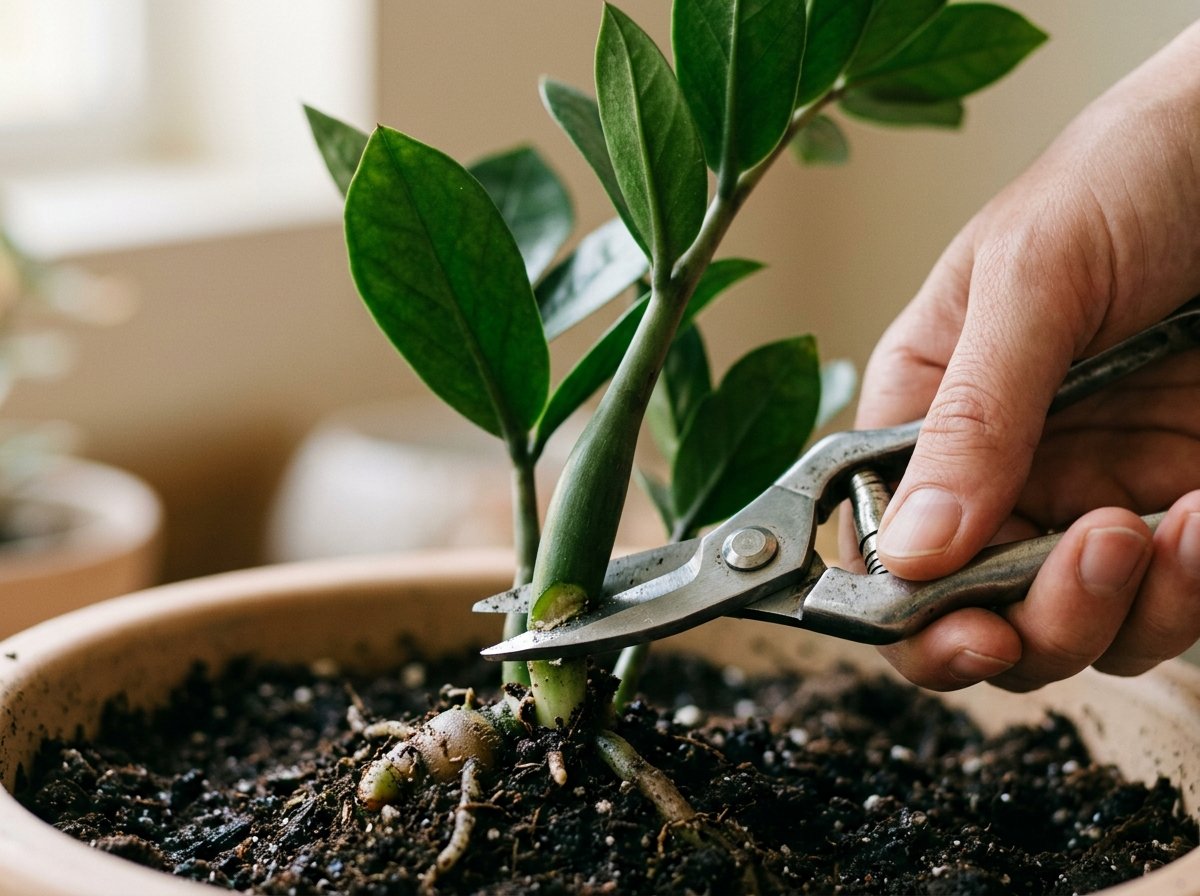 Close-up of pruning shears cutting a ZZ plant stem at the rhizome base